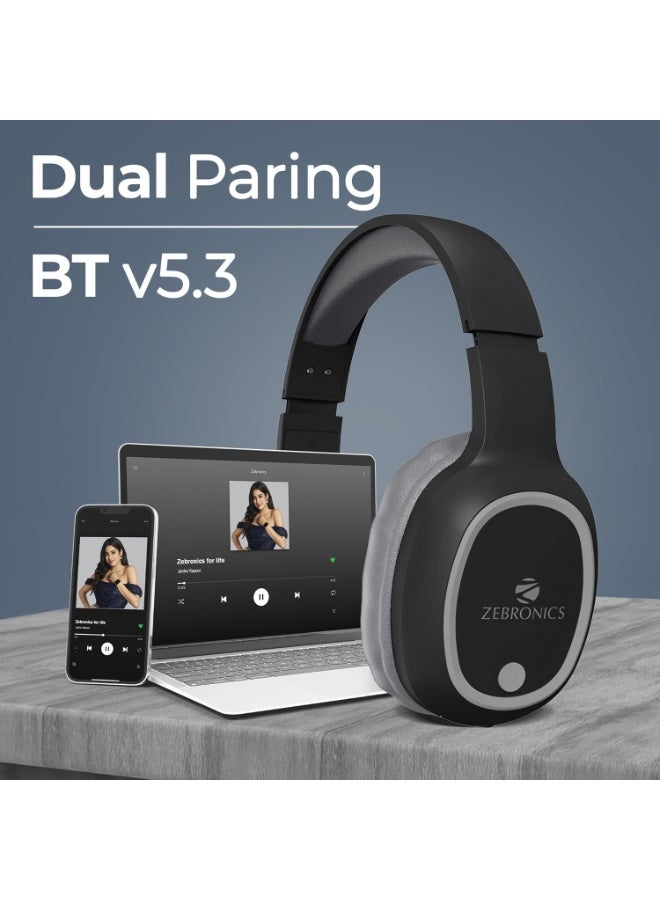 ZEBRONICS THUNDER Bluetooth 5.3 Wireless Headphones with 60H Backup, Gaming Mode, Dual Pairing, ENC, AUX, Micro SD, Voice assistant, Comfortable Earcups, Call Function(Black) - Image 4